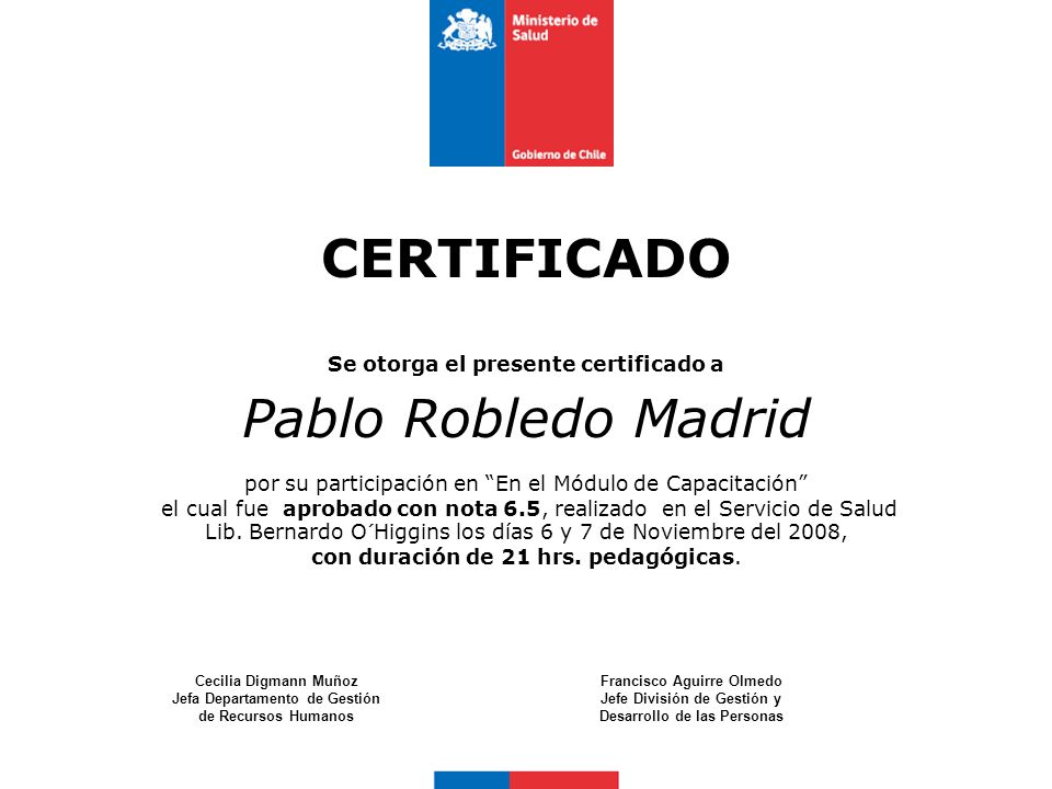 CERTIFICADO Pablo Robledo Madrid Se otorga el presente certificado a