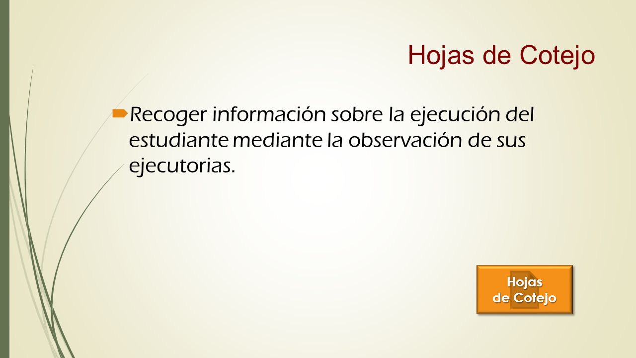 Hojas de Cotejo Recoger información sobre la ejecución del estudiante mediante la observación de sus ejecutorias.
