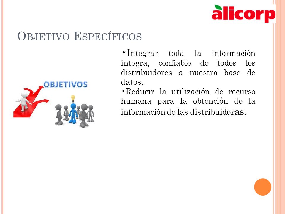 Objetivo Específicos Integrar toda la información integra, confiable de todos los distribuidores a nuestra base de datos.