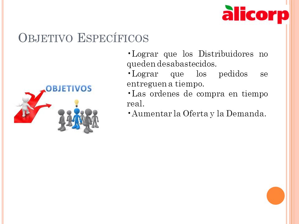 Objetivo Específicos Lograr que los Distribuidores no queden desabastecidos. Lograr que los pedidos se entreguen a tiempo.