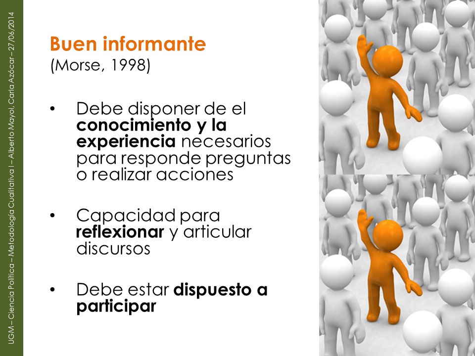 Buen informante (Morse, 1998) Debe disponer de el conocimiento y la experiencia necesarios para responde preguntas o realizar acciones.