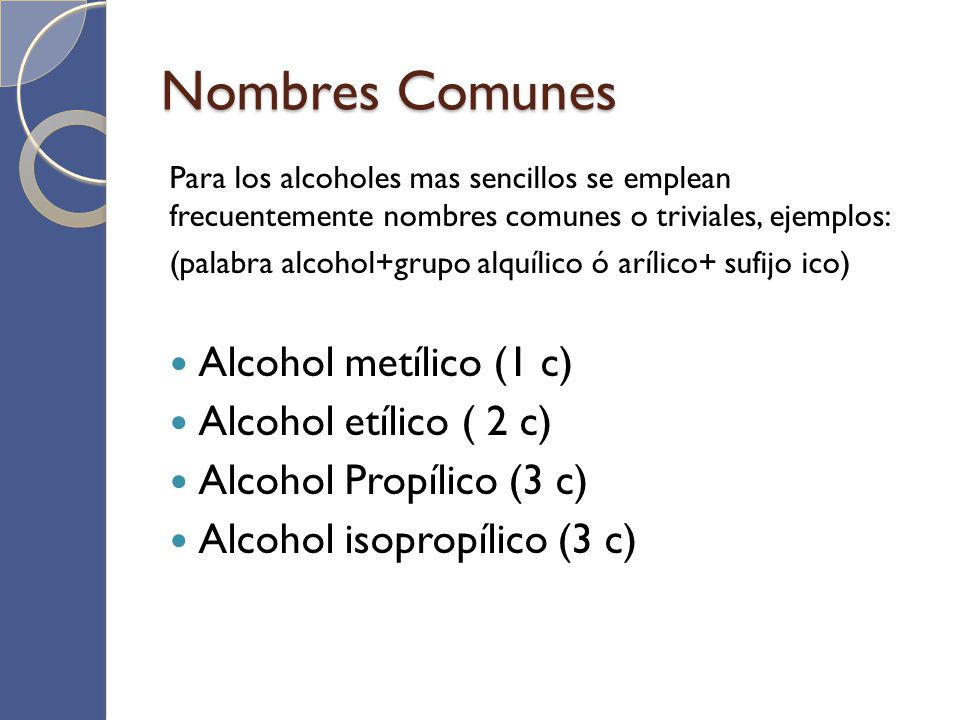 Nombres Comunes Alcohol metílico (1 c) Alcohol etílico ( 2 c)