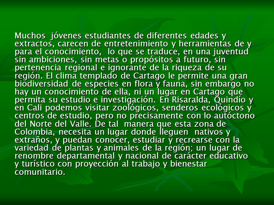 Muchos jóvenes estudiantes de diferentes edades y extractos, carecen de entretenimiento y herramientas de y para el conocimiento, lo que se traduce, en una juventud sin ambiciones, sin metas o propósitos a futuro, sin pertenencia regional e ignorante de la riqueza de su región.