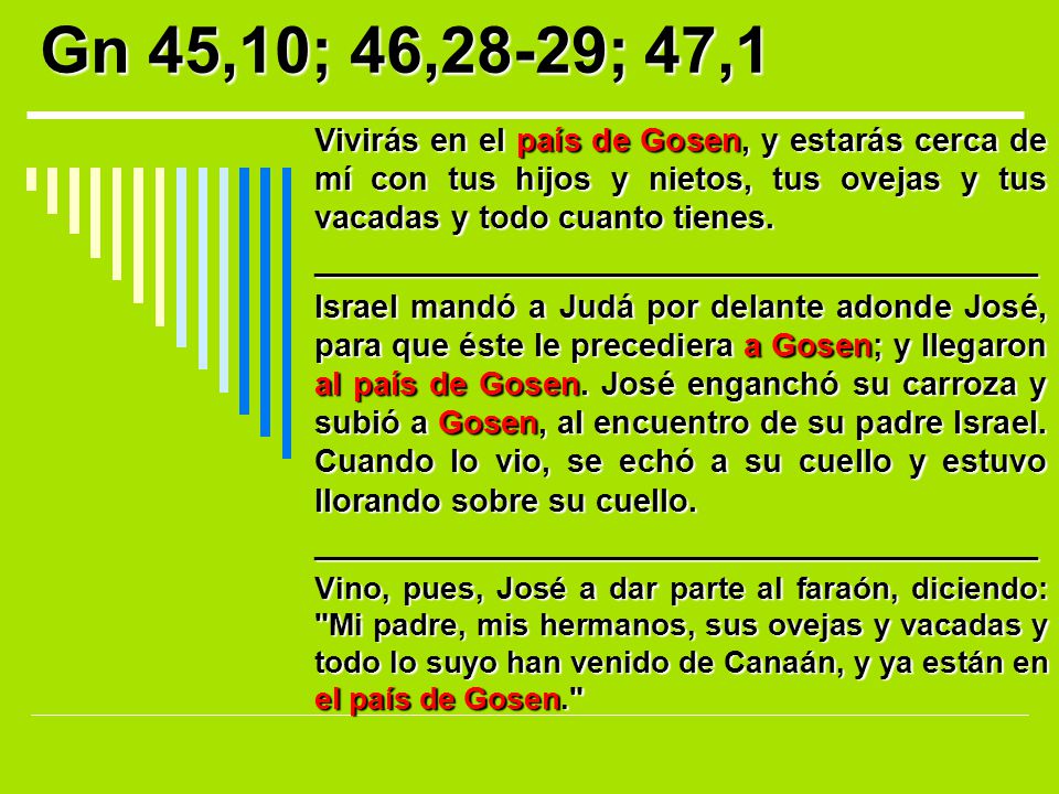 Gn 45,10; 46,28-29; 47,1 Vivirás en el país de Gosen, y estarás cerca de mí con tus hijos y nietos, tus ovejas y tus vacadas y todo cuanto tienes.