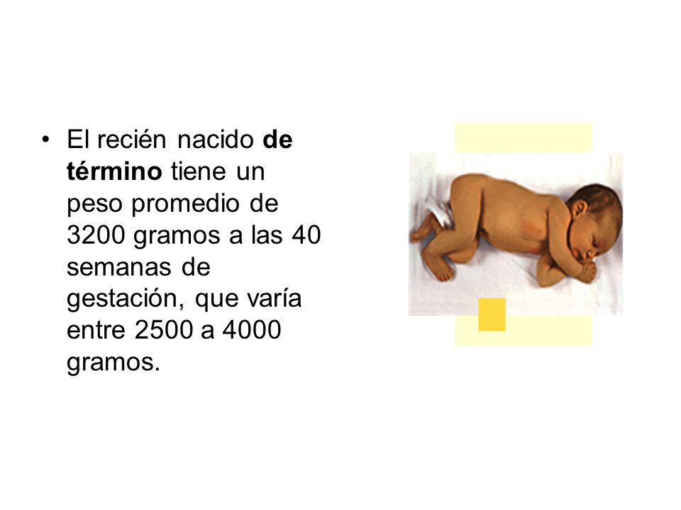 El recién nacido de término tiene un peso promedio de 3200 gramos a las 40 semanas de gestación, que varía entre 2500 a 4000 gramos.