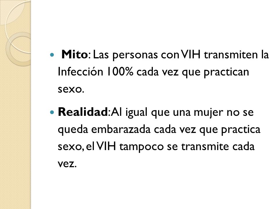 Mito: Las personas con VIH transmiten la Infección 100% cada vez que practican sexo.