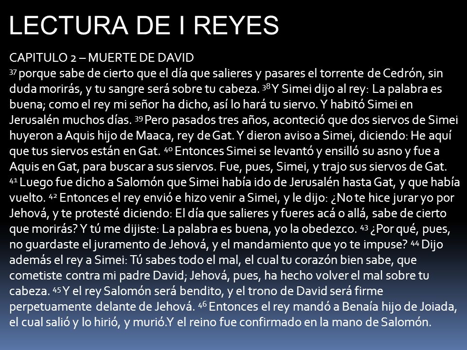 LECTURA DE I REYES CAPITULO 2 – MUERTE DE DAVID