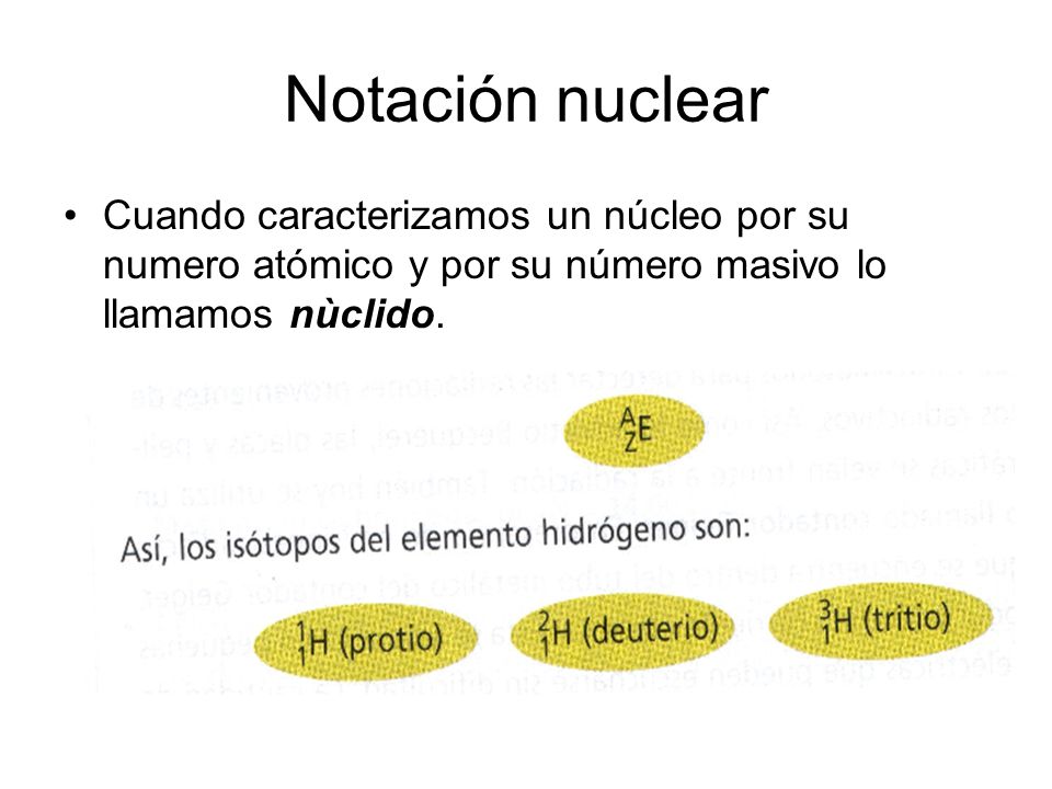 Notación nuclear Cuando caracterizamos un núcleo por su numero atómico y por su número masivo lo llamamos nùclido.