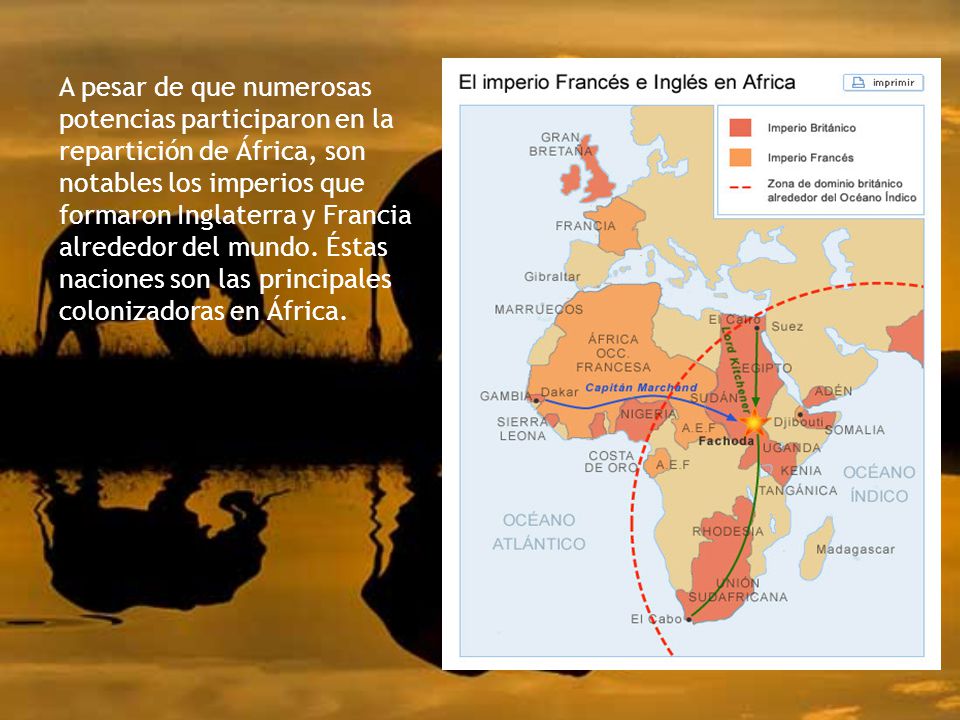 A pesar de que numerosas potencias participaron en la repartición de África, son notables los imperios que formaron Inglaterra y Francia alrededor del mundo.