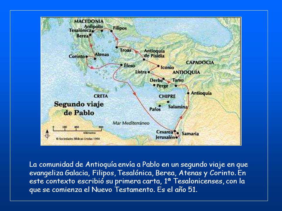La comunidad de Antioquía envía a Pablo en un segundo viaje en que evangeliza Galacia, Filipos, Tesalónica, Berea, Atenas y Corinto.