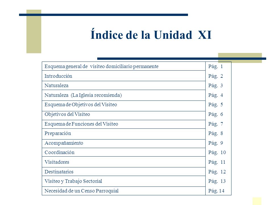 Índice de la Unidad XI Esquema general de visiteo domiciliario permanente Pág. 1. Introducción Pág. 2.