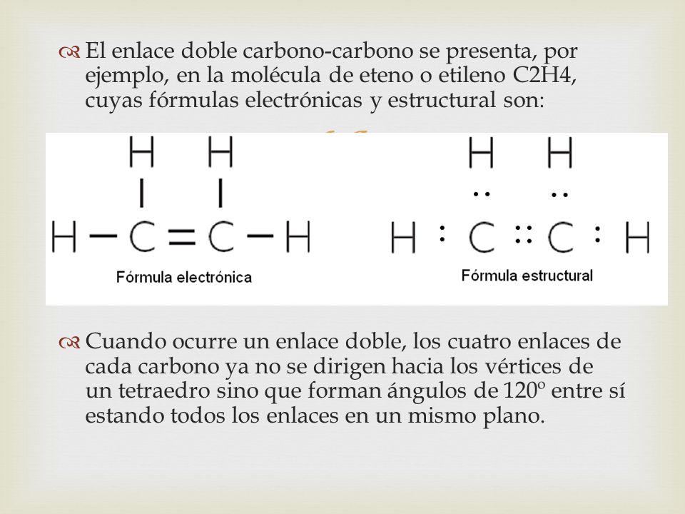 El enlace doble carbono-carbono se presenta, por ejemplo, en la molécula de eteno o etileno C2H4, cuyas fórmulas electrónicas y estructural son: