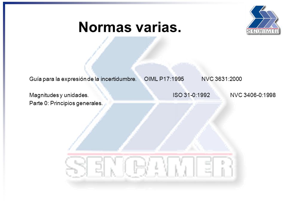 Normas varias. Guía para la expresión de la incertidumbre. OIML P17:1995 NVC 3631:2000. Magnitudes y unidades. ISO 31-0:1992 NVC :1998.
