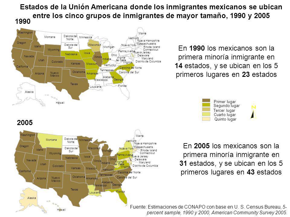 Estados de la Unión Americana donde los inmigrantes mexicanos se ubican entre los cinco grupos de inmigrantes de mayor tamaño, 1990 y 2005