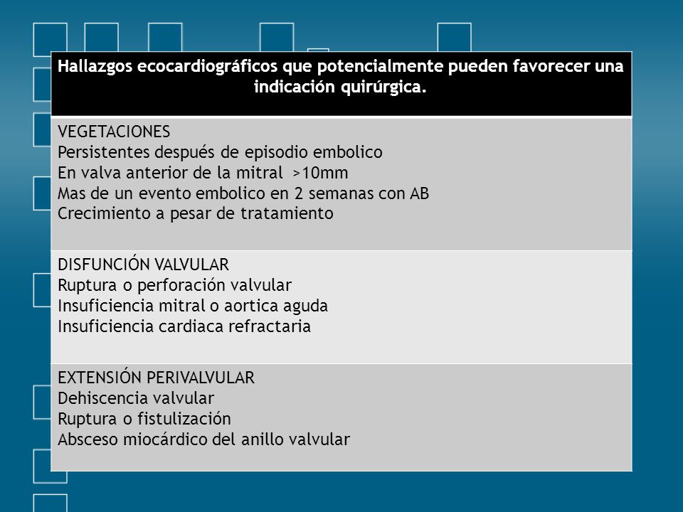 Hallazgos ecocardiográficos que potencialmente pueden favorecer una indicación quirúrgica.