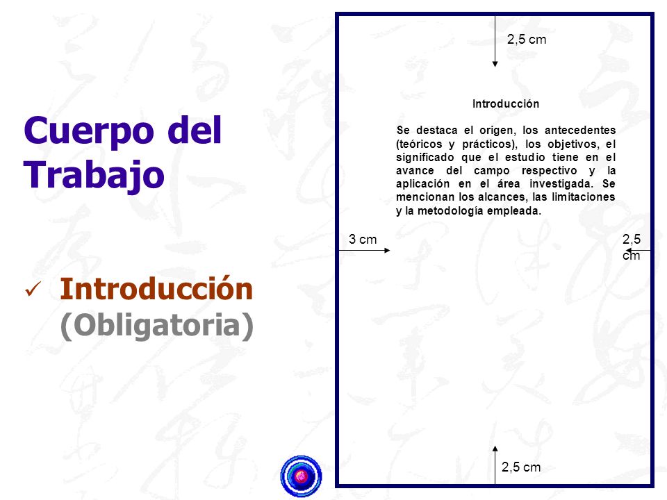Cuerpo del Trabajo Introducción (Obligatoria) 2,5 cm 3 cm 2,5 cm