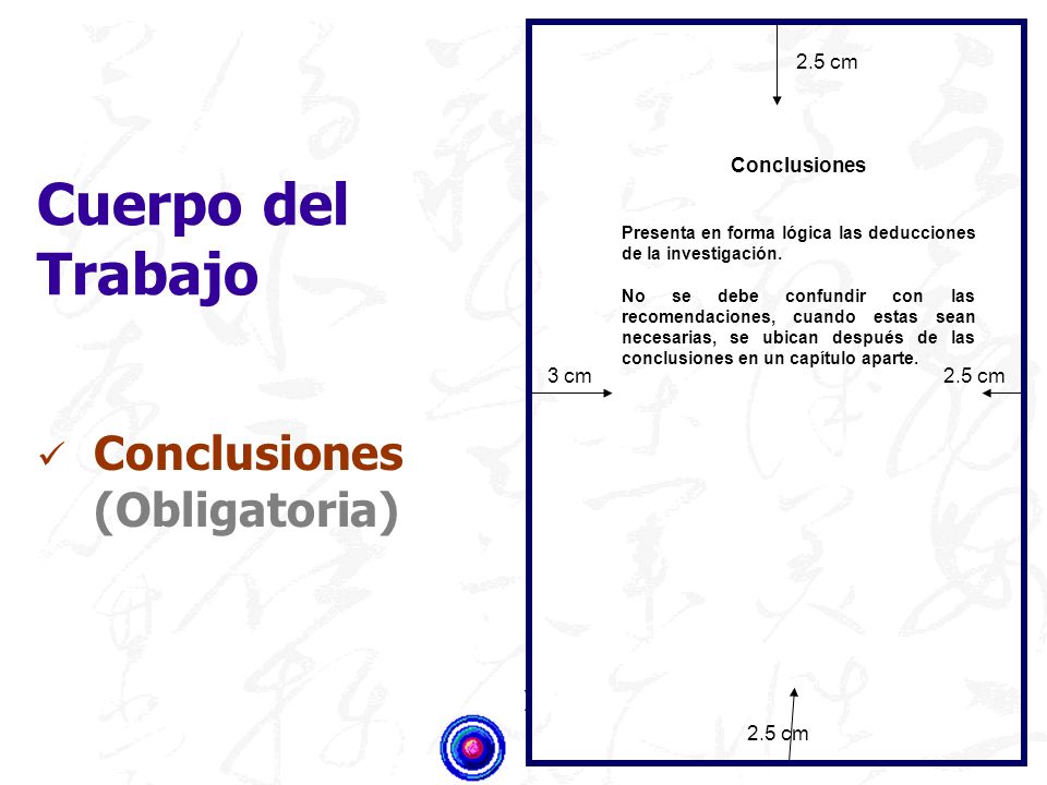 Cuerpo del Trabajo Conclusiones (Obligatoria) ) 2.5 cm Conclusiones