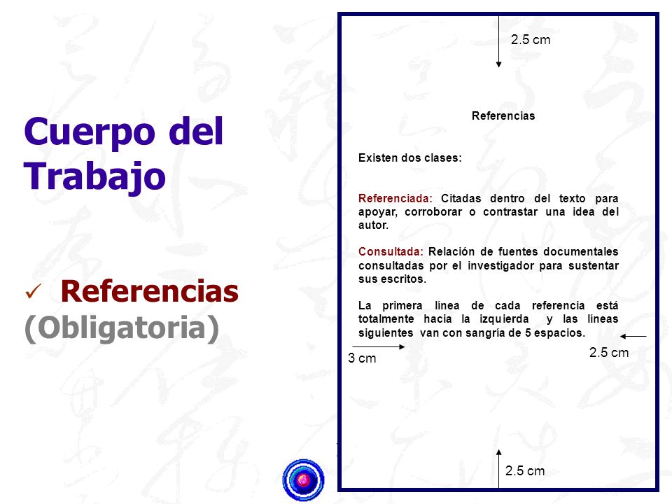 Cuerpo del Trabajo Referencias (Obligatoria) ) 2.5 cm 2.5 cm 3 cm