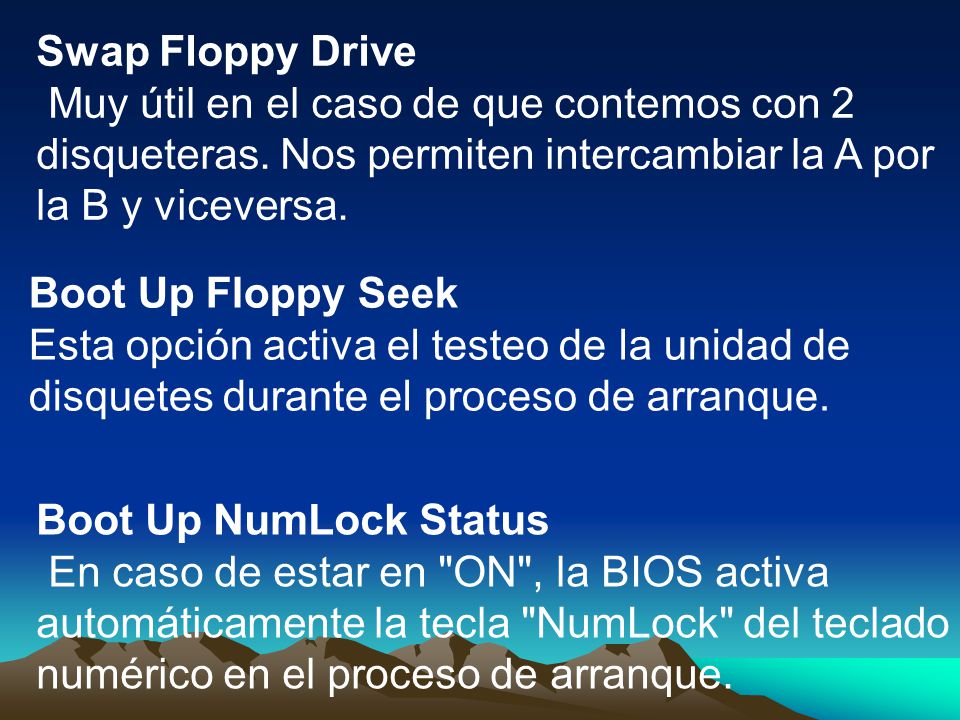 Swap Floppy Drive Muy útil en el caso de que contemos con 2 disqueteras. Nos permiten intercambiar la A por la B y viceversa.