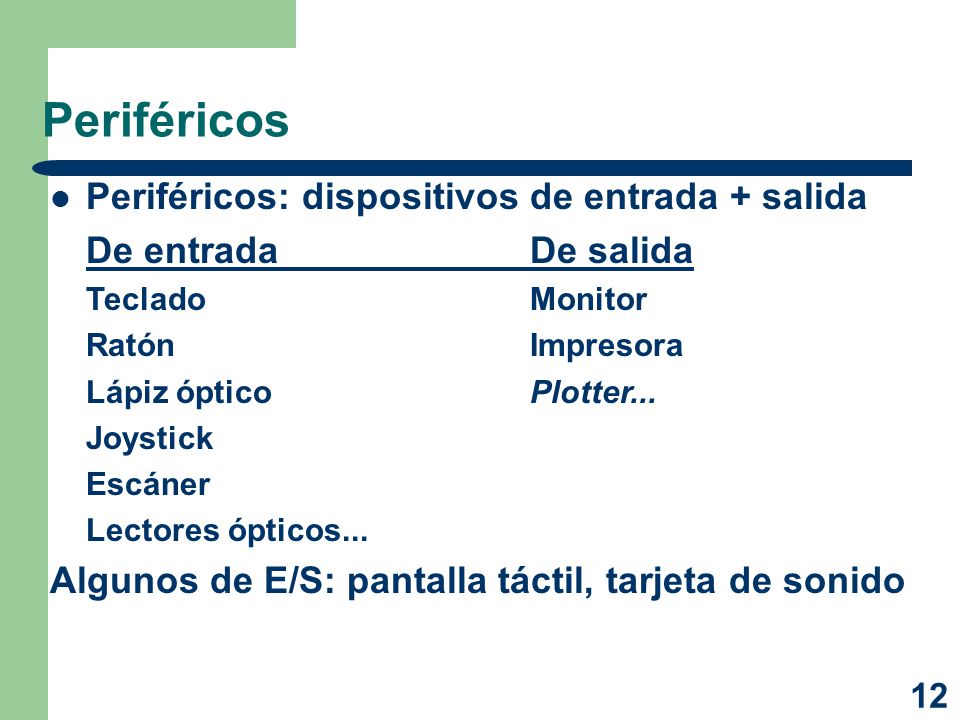 Periféricos Periféricos: dispositivos de entrada + salida