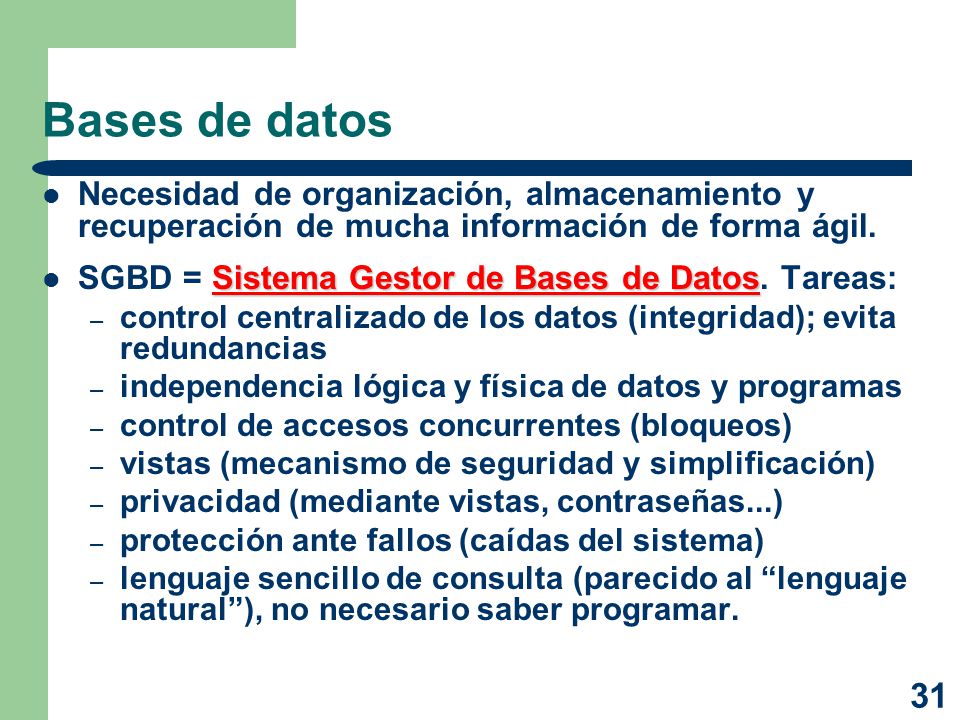 Bases de datos Necesidad de organización, almacenamiento y recuperación de mucha información de forma ágil.