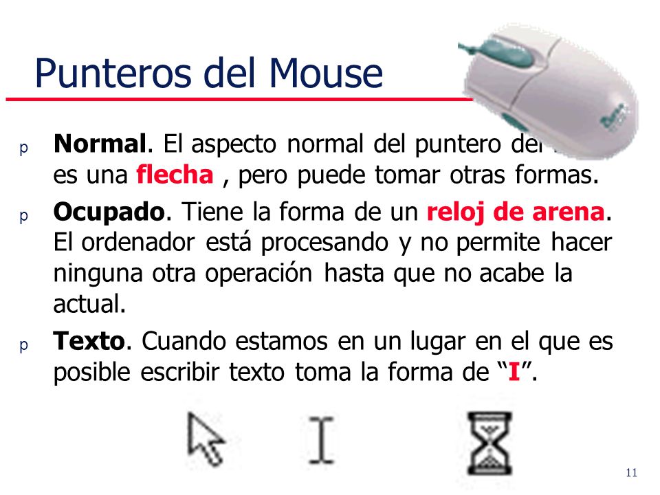 Punteros del Mouse Normal. El aspecto normal del puntero del ratón es una flecha , pero puede tomar otras formas.