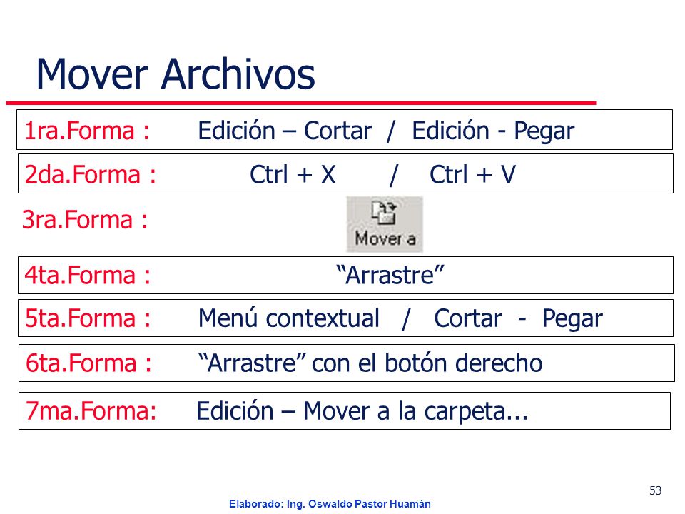 Mover Archivos 1ra.Forma : Edición – Cortar / Edición - Pegar