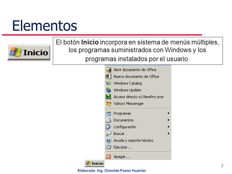 Elementos El botón Inicio incorpora en sistema de menús múltiples, los programas suministrados con Windows y los programas instalados por el usuario.