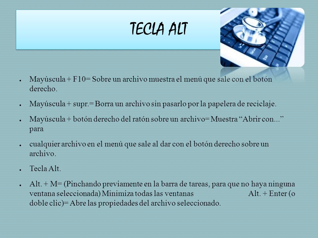 TECLA ALT Mayúscula + F10= Sobre un archivo muestra el menú que sale con el botón derecho.