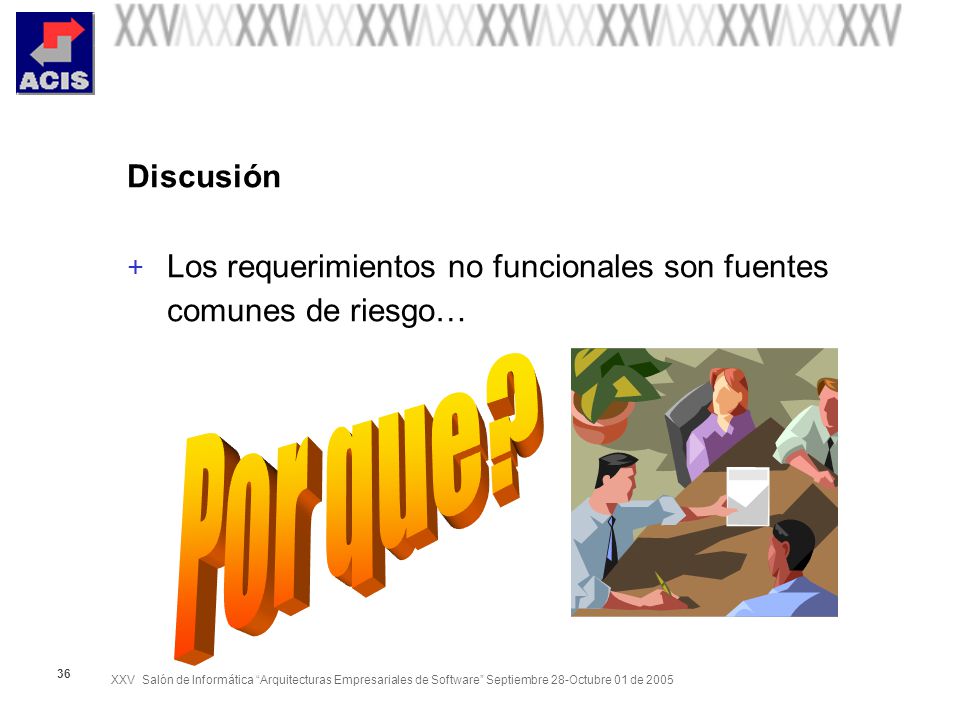 Discusión Los requerimientos no funcionales son fuentes comunes de riesgo… Por que