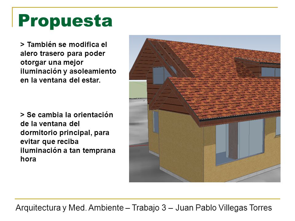 Propuesta > También se modifica el alero trasero para poder otorgar una mejor iluminación y asoleamiento en la ventana del estar.