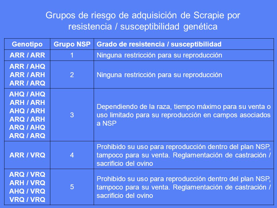 Grupos de riesgo de adquisición de Scrapie por resistencia / susceptibilidad genética