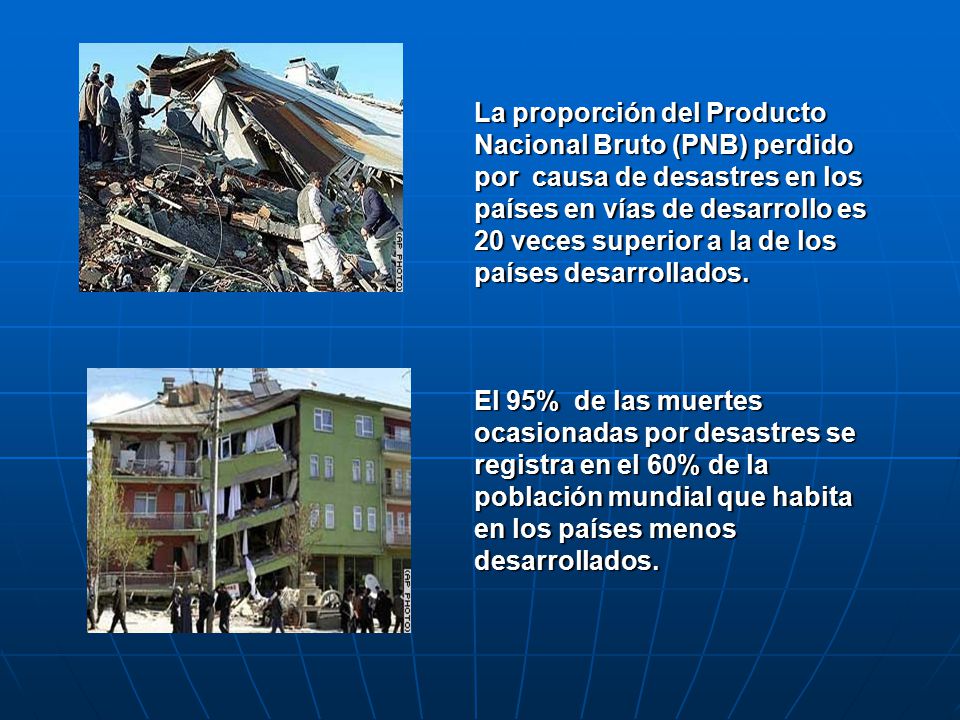 La proporción del Producto Nacional Bruto (PNB) perdido por causa de desastres en los países en vías de desarrollo es 20 veces superior a la de los países desarrollados.