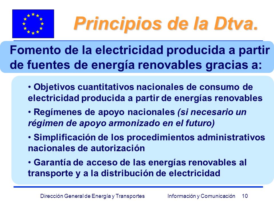 Principios de la Dtva. Fomento de la electricidad producida a partir de fuentes de energía renovables gracias a: