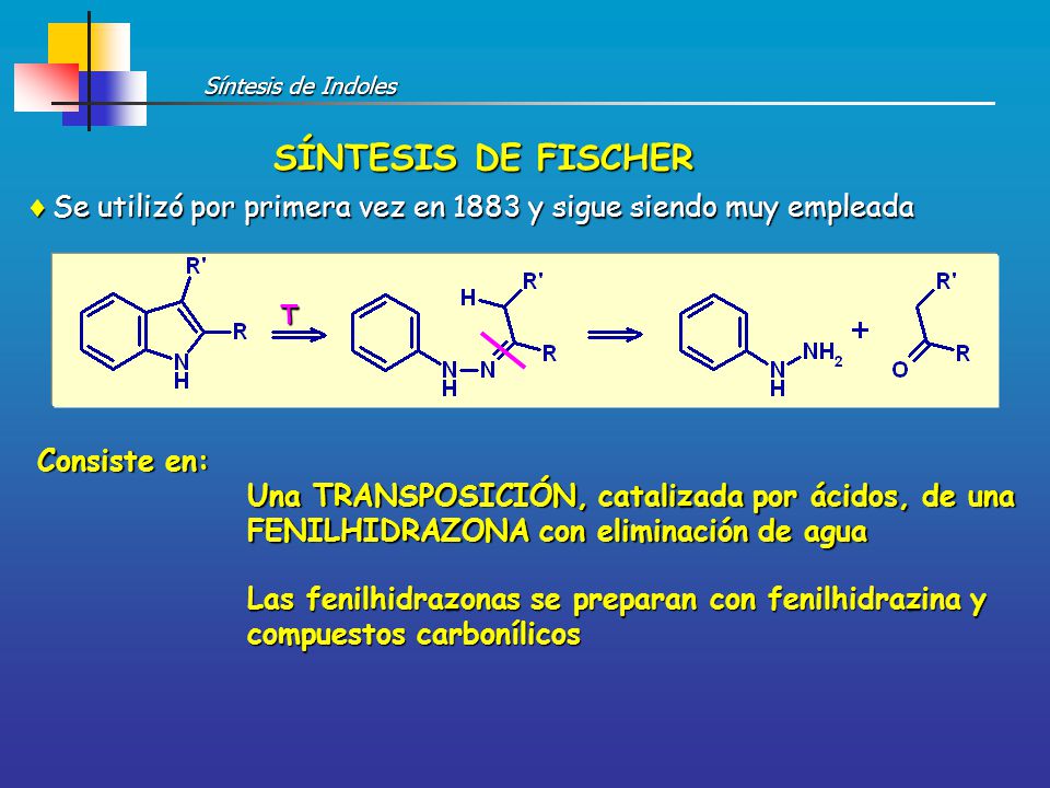 Síntesis de Indoles SÍNTESIS DE FISCHER. Se utilizó por primera vez en 1883 y sigue siendo muy empleada.