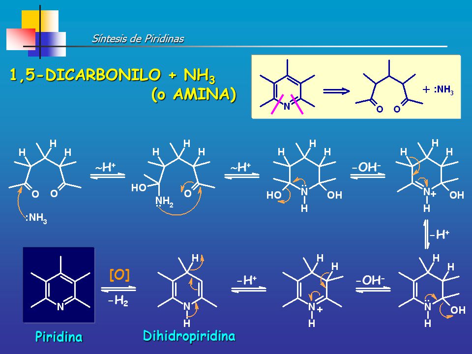 1,5-DICARBONILO + NH3 (o AMINA) [O] Piridina Dihidropiridina H+ -OH-