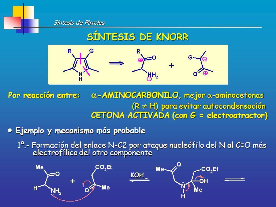 Síntesis de Pirroles SÍNTESIS DE KNORR. Por reacción entre: a-AMINOCARBONILO, mejor a-aminocetonas.