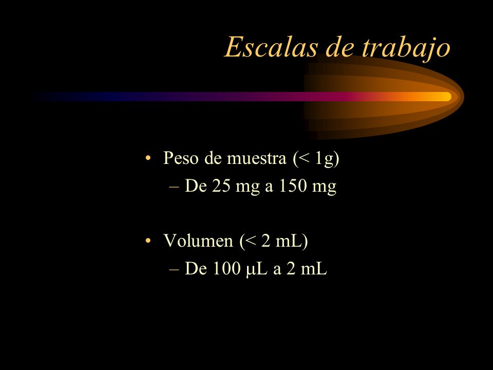 Escalas de trabajo Peso de muestra (< 1g) De 25 mg a 150 mg