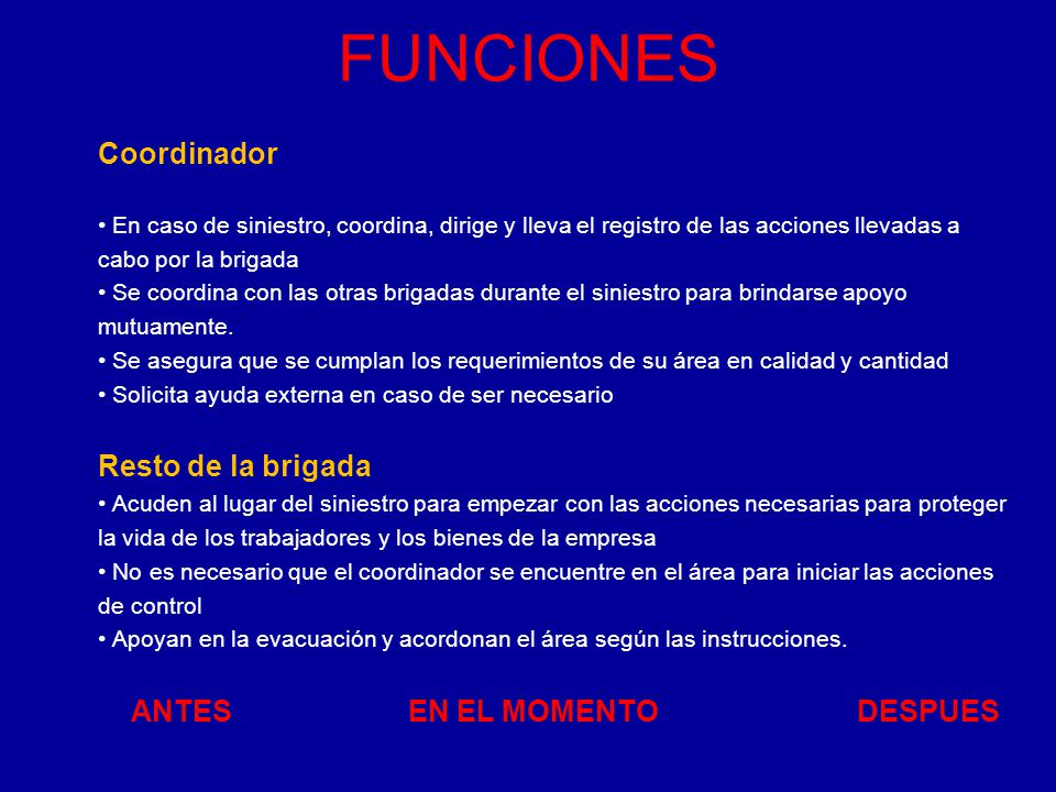 FUNCIONES Coordinador Resto de la brigada ANTES EN EL MOMENTO DESPUES