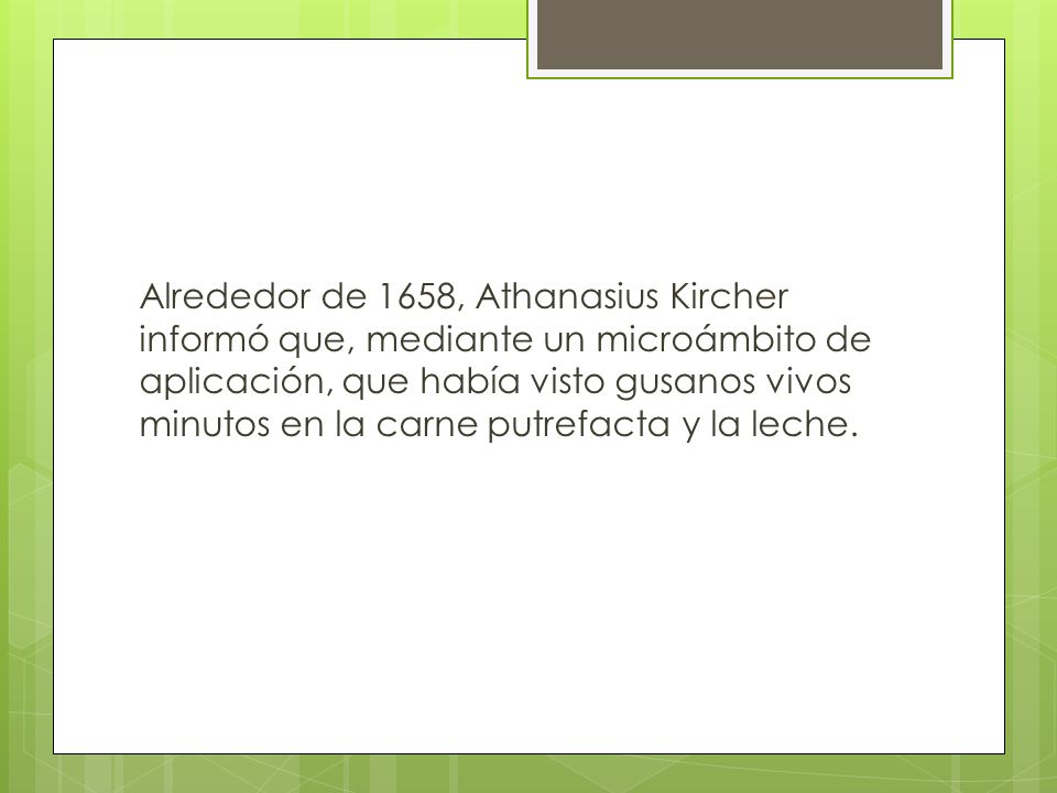 Alrededor de 1658, Athanasius Kircher informó que, mediante un microámbito de aplicación, que había visto gusanos vivos minutos en la carne putrefacta y la leche.