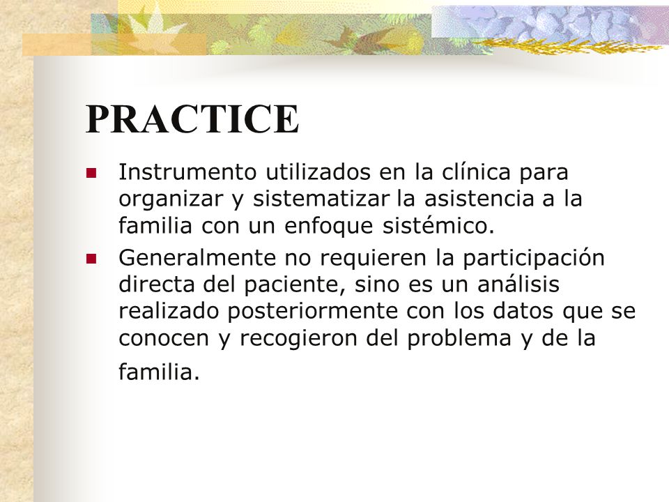 PRACTICE Instrumento utilizados en la clínica para organizar y sistematizar la asistencia a la familia con un enfoque sistémico.