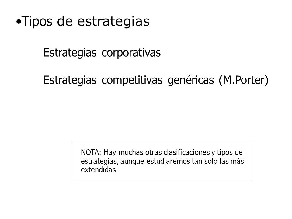 Tipos de estrategias Estrategias corporativas Estrategias competitivas genéricas (M.Porter)
