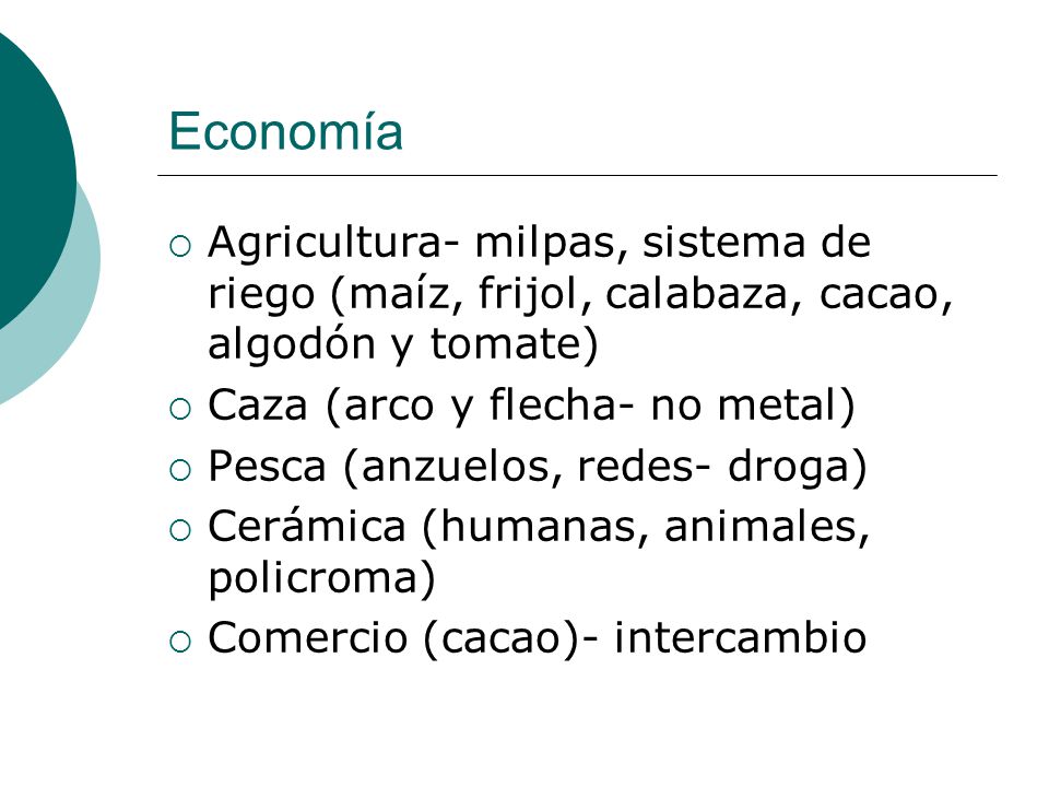 Economía Agricultura- milpas, sistema de riego (maíz, frijol, calabaza, cacao, algodón y tomate) Caza (arco y flecha- no metal)