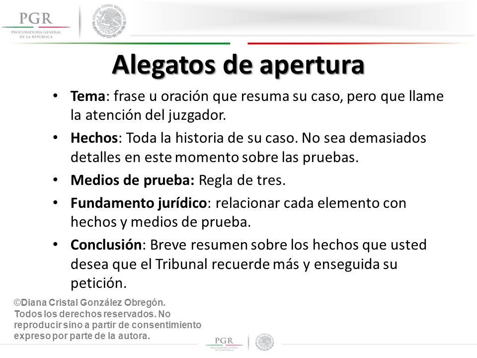 Alegatos de apertura Tema: frase u oración que resuma su caso, pero que llame la atención del juzgador.