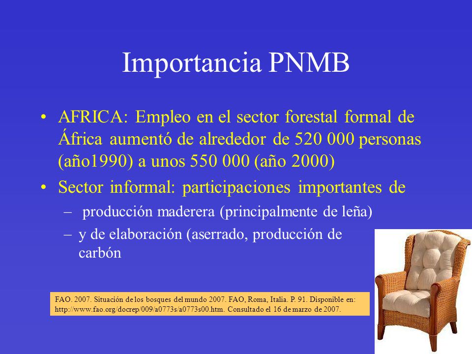 Importancia PNMB AFRICA: Empleo en el sector forestal formal de África aumentó de alrededor de personas (año1990) a unos (año 2000)