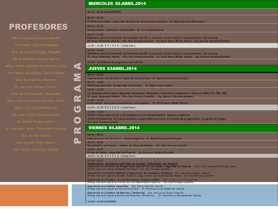 P R O G R A M A PROFESORES MIERCOLES 02.ABRIL.2014 JUEVES 03ABRIL.2014