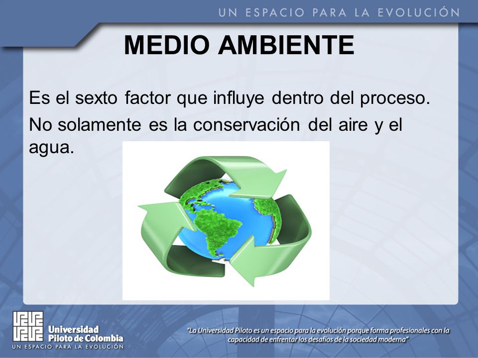 MEDIO AMBIENTE Es el sexto factor que influye dentro del proceso. No solamente es la conservación del aire y el agua.