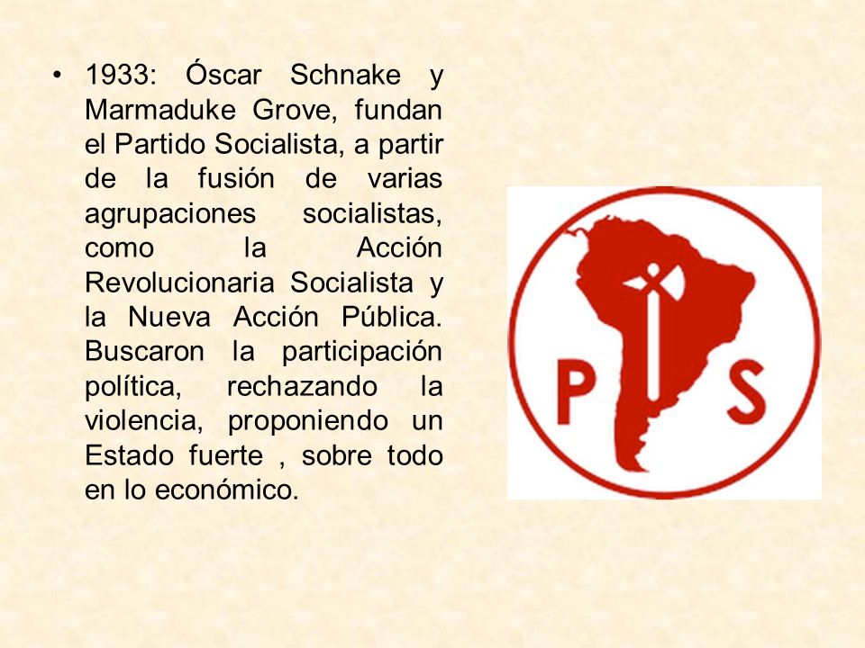 1933: Óscar Schnake y Marmaduke Grove, fundan el Partido Socialista, a partir de la fusión de varias agrupaciones socialistas, como la Acción Revolucionaria Socialista y la Nueva Acción Pública.