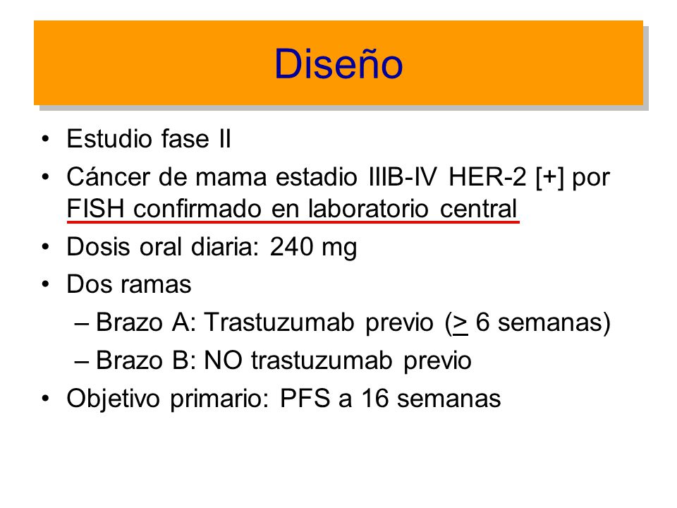 Diseño Estudio fase II. Cáncer de mama estadio IIIB-IV HER-2 [+] por FISH confirmado en laboratorio central.