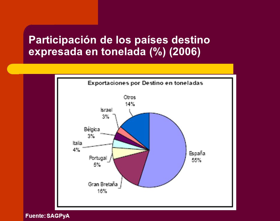 Participación de los países destino expresada en tonelada (%) (2006)